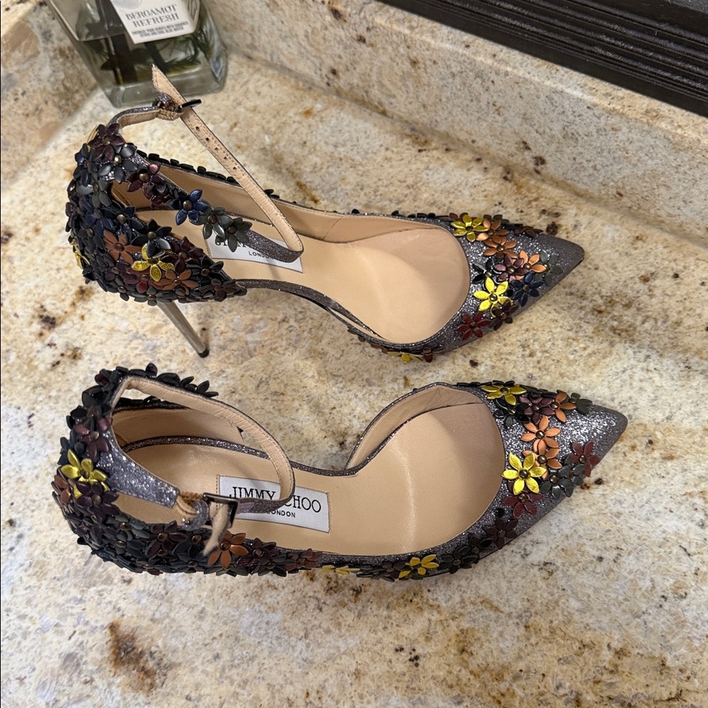 Jimmy Choo Floral Embellished Lorelai glitter heels 38.5 - Picture 11 of 17